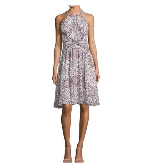 L’AGENCE Dress Clio Shirred Silk Floral Knee Length in Ivory Size 6 Pleated - Picture 1 of 13